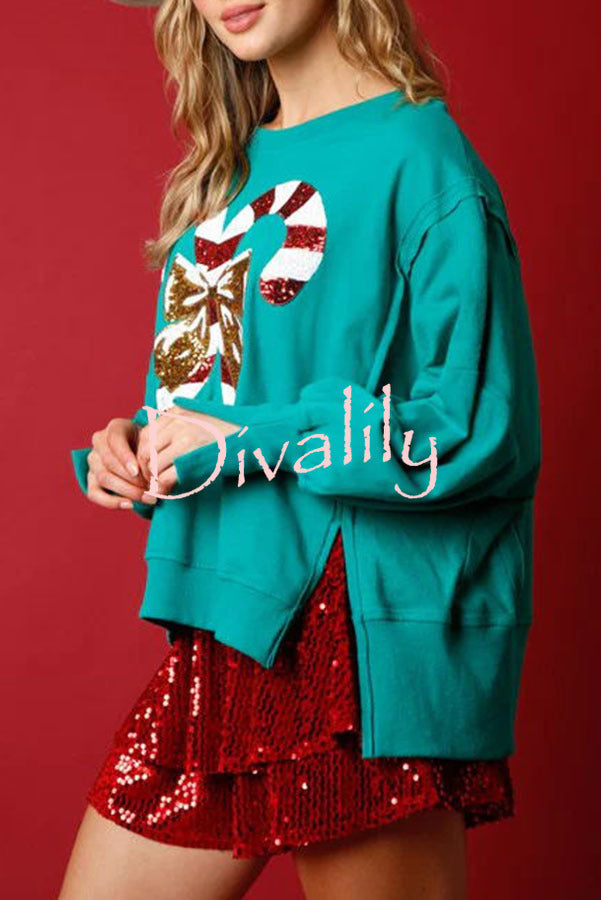 Candy Cane Lane Sequined Pullover Long Sleeved Sweatshirt