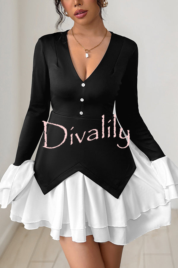 Fashionable Contrast Color Panel Long Sleeve Ruffled Mini Dress