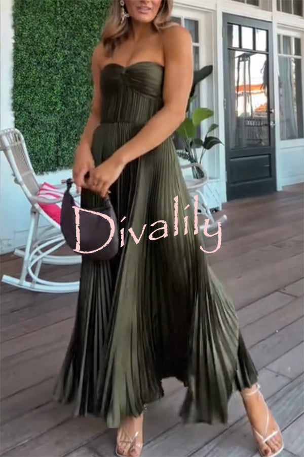 Love Note Satin Sweetheart Twist Off Shoulder Pleated Maxi Dress