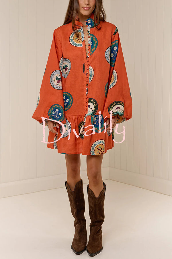 Linen Blend Unique Print Tie Waist Loose Mini Dress