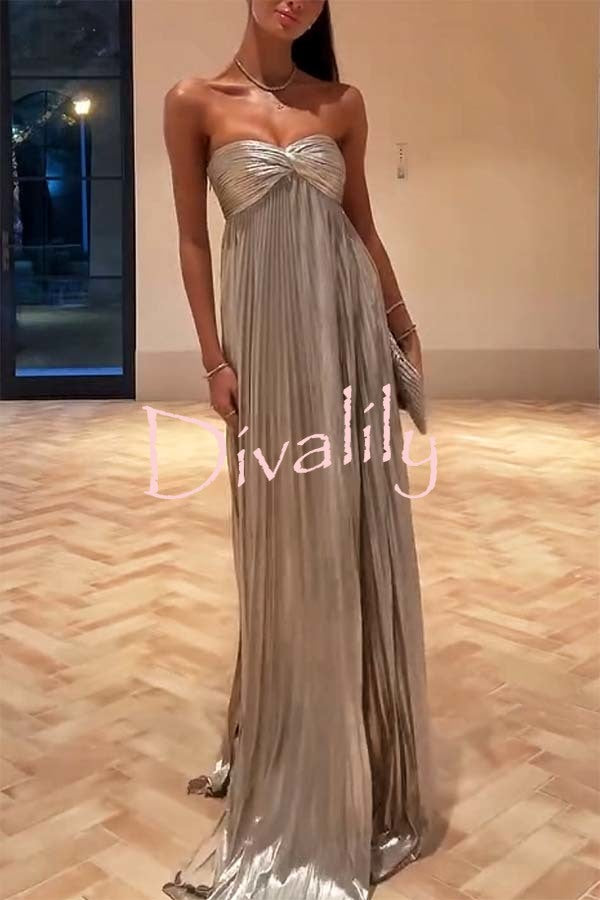 Night Elf Metallic Fabric Pleated Off Shoulder Twist Bust Slit Maxi Dress