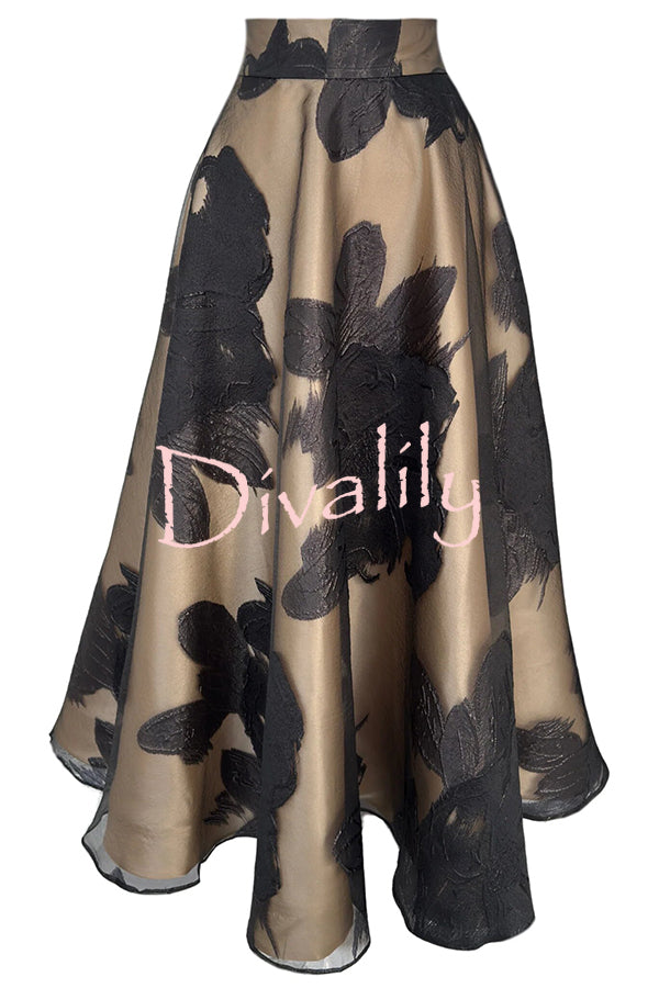 Chic Celebration Tulle Floral Pattern Jacquard High Rise Flared Maxi Skirt