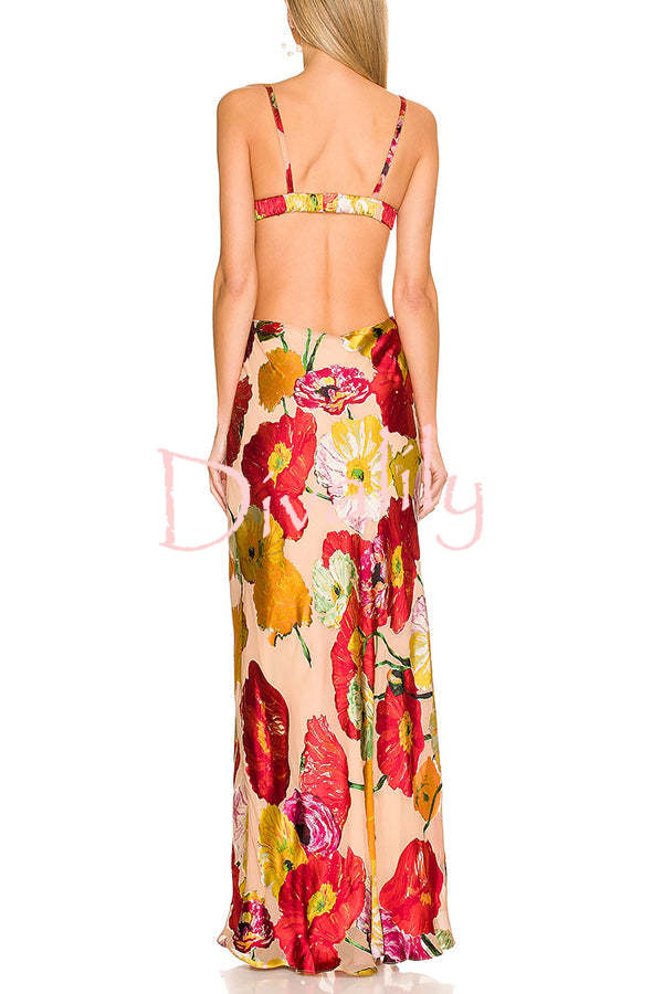 Hawaiian Dreams Satin Floral Print Cutout Backless Maxi Dress