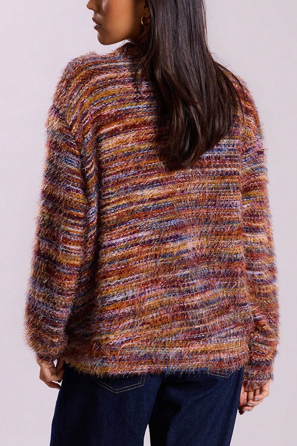 Fashionable Mixed Color Loose V-neck Casual Knit Cardigan