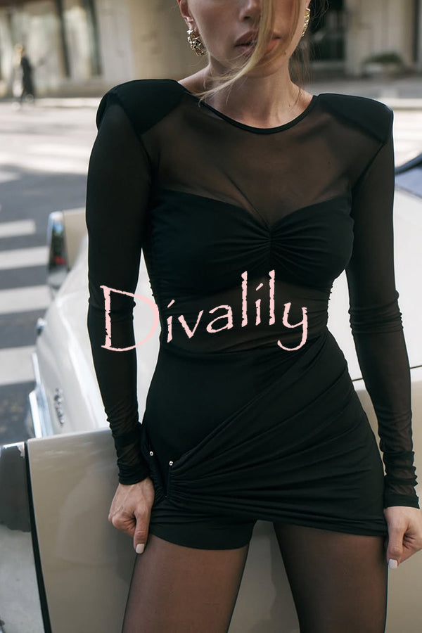 Sexy Mesh See-through Long-sleeved Backless Pleated Rompers