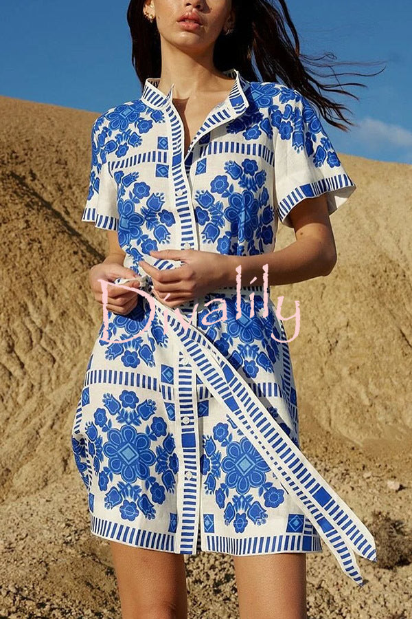 Unique Print Short Sleeve Button Tie Waist Mini Dress