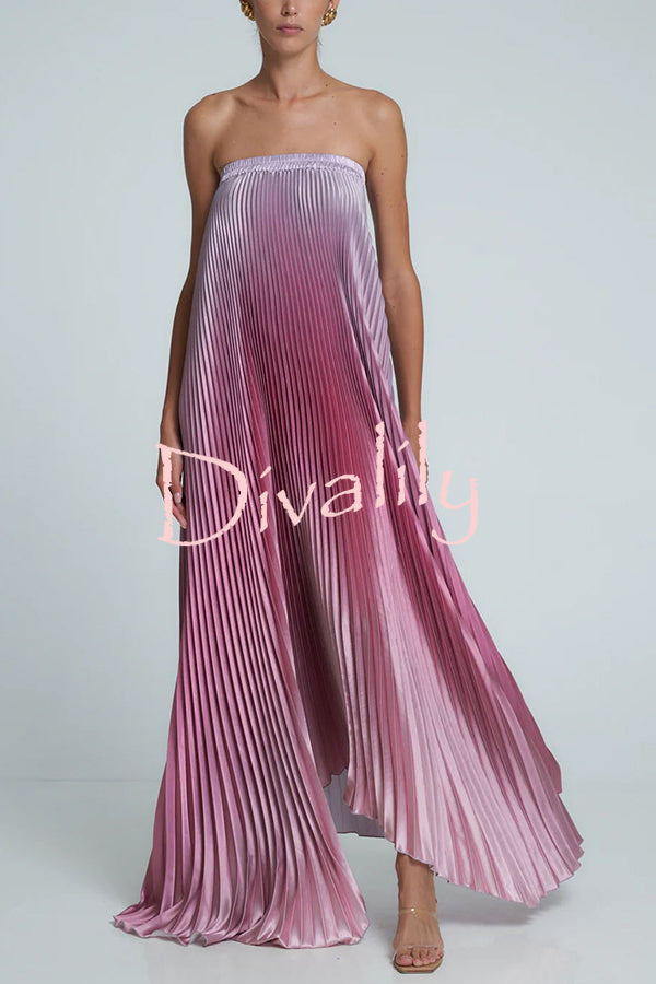 Gorgeous Styling Satin Pleated Elastic Bust Strapless A-line Gown Maxi Dress