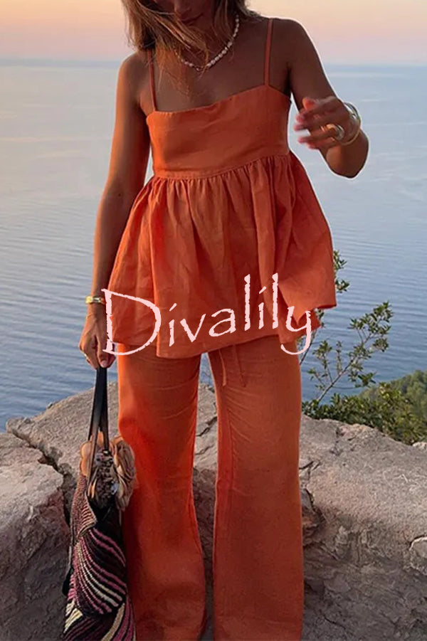 Solid Color Casual Suspender Loose Top and Elastic Waist Wide Leg Pants Set
