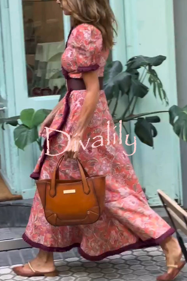 Bohemian Floral Print Elegant Puff Sleeve Holiday Maxi Dress