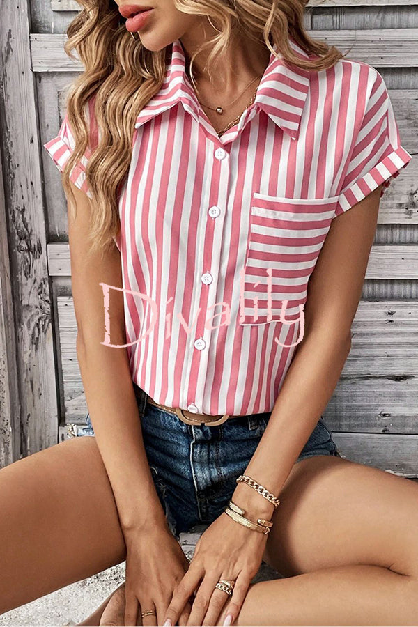 Striped Print Short Sleeve Pocket Shirt Top