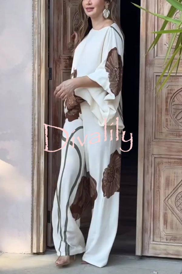 Floral Print Batwing Sleeves Loose-fitting Top and Relaxed Pocket Straight Pants Set