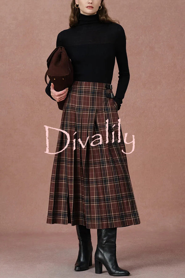 Yehudit Plaid Belt Buckle Design High Rise Pocket Midi Umbrella Skirt