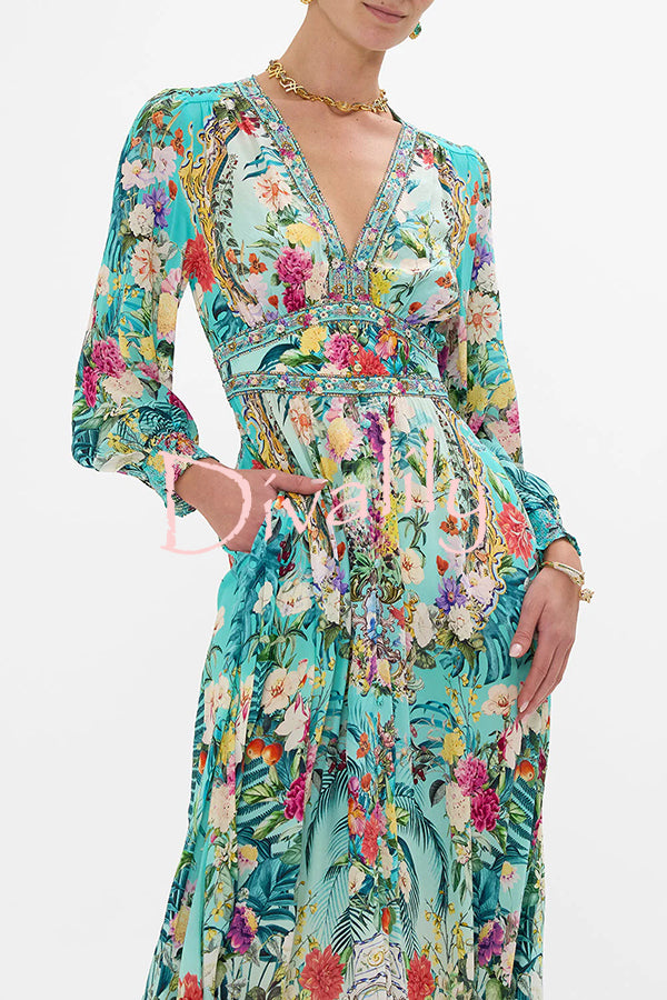 Fairy Tale Print V-Neck Lantern Sleeve Waist Maxi Dress