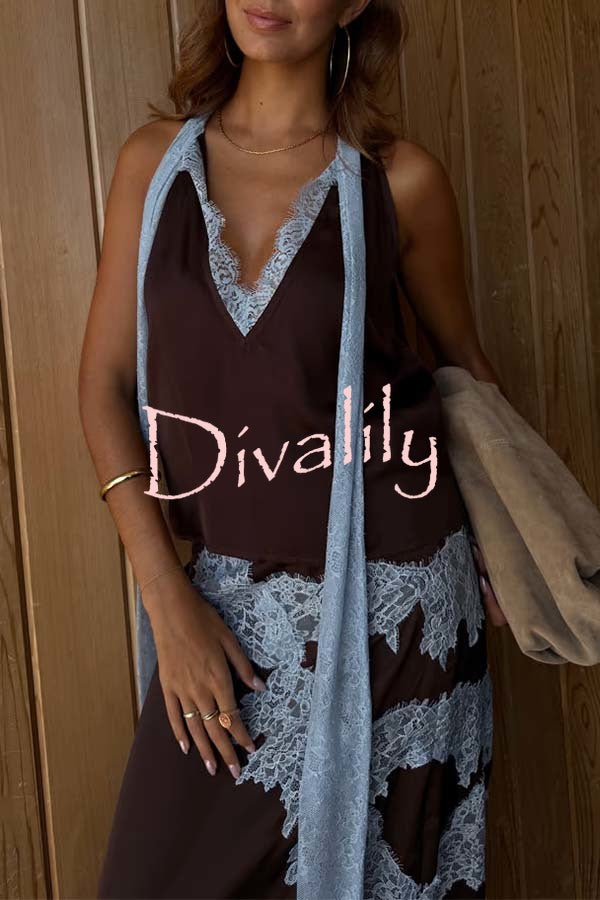 Sunday Social Contrast Color Satin Lace Trim Neck Strap Loose Tank
