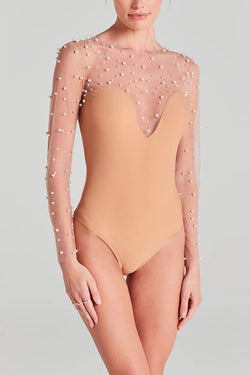 Romantic and Versatile Pearl Mesh Stitching Lycra Long Sleeve Stretch Bodysuit