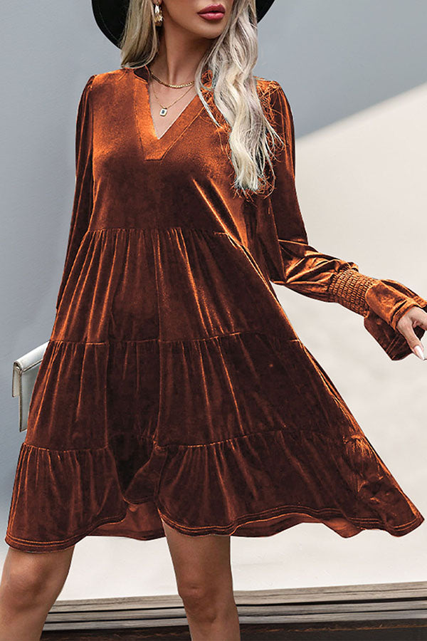 Solid Color Velvet V-Neck Long Sleeve Elegant Loose Mini Dress