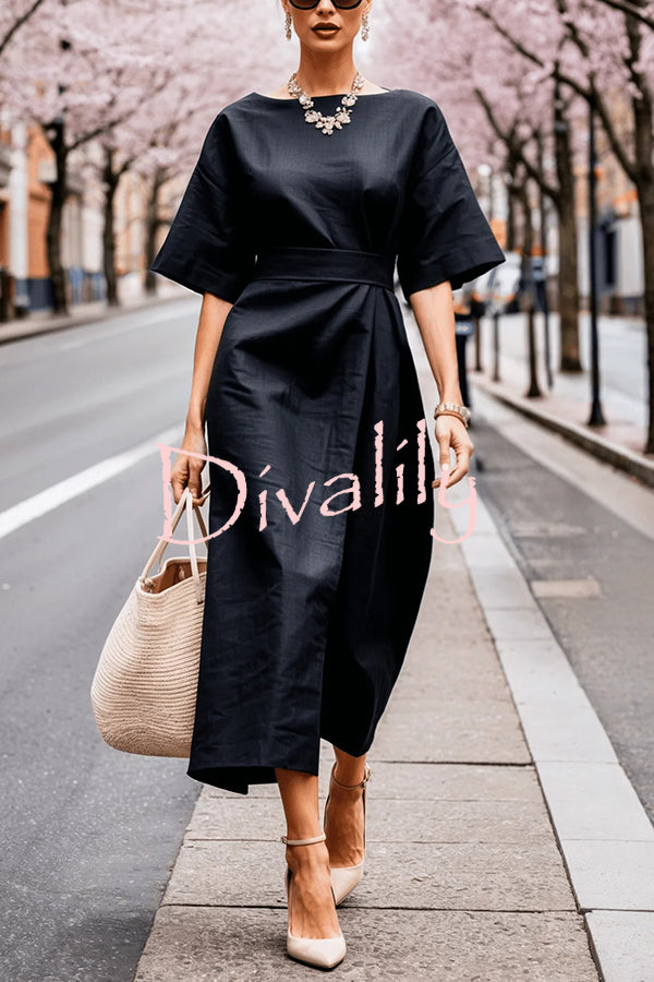 Solid Color Round Neck Half Sleeve Casual Waist Midi Dress