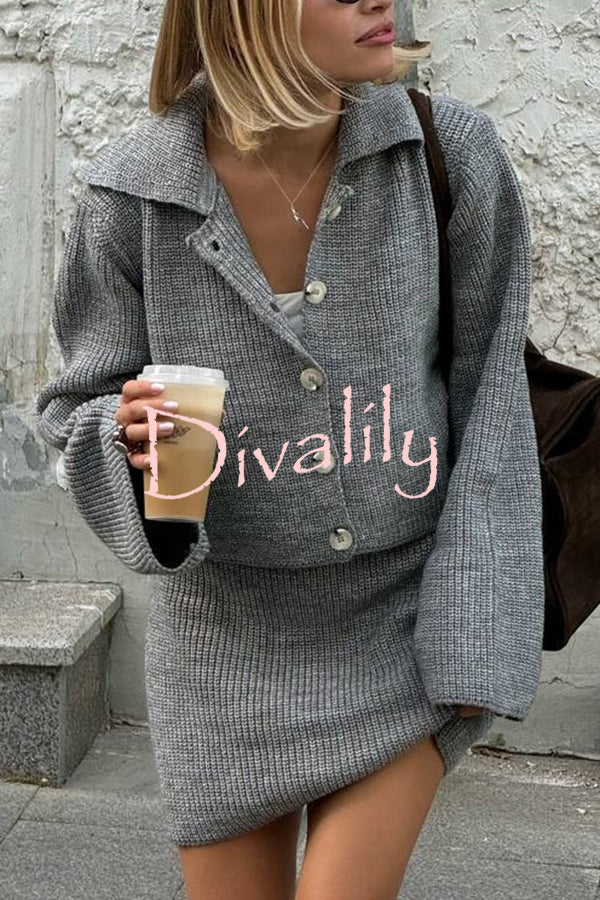 Fashion Lapel Bell Sleeve Knitted Cardigan and Casual Mini Skirt Set