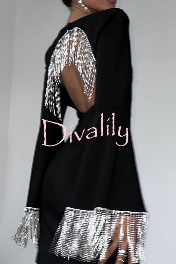 Fashionable Fringed Square Neck Bell Sleeves Hollow Back Mini Dress