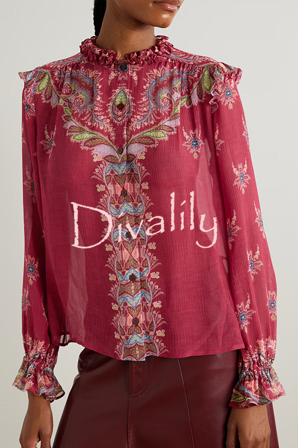 Unique Printed Chiffon Long-sleeved Loose Shirt and Elegant Ruffled Maxi Skirt Set