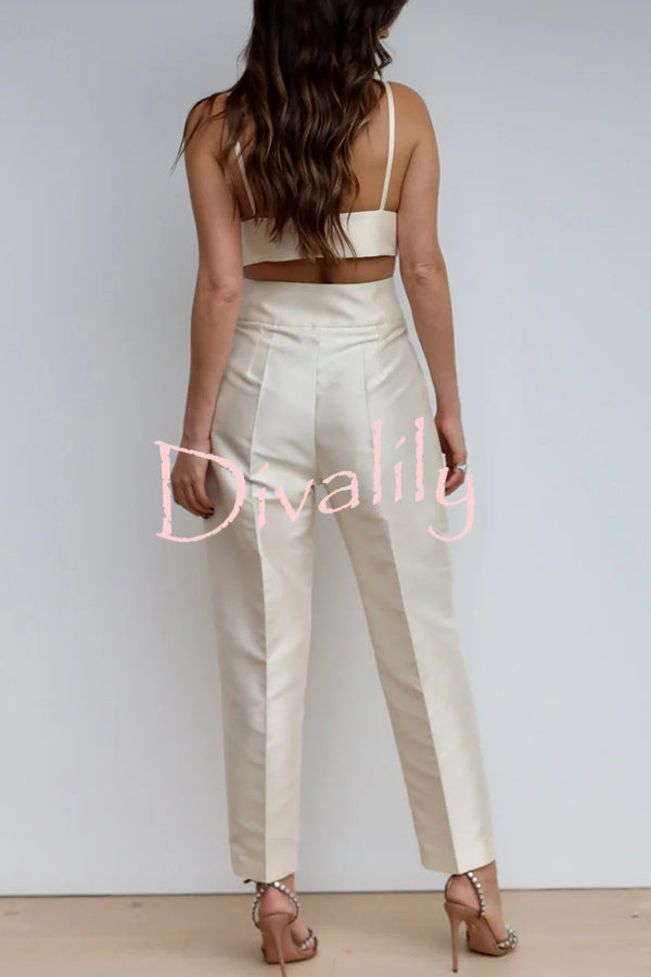 Chic Affair Satin Feather Trim Lapel Loose Blazer and High Rise Pocket Tapered Pants Set