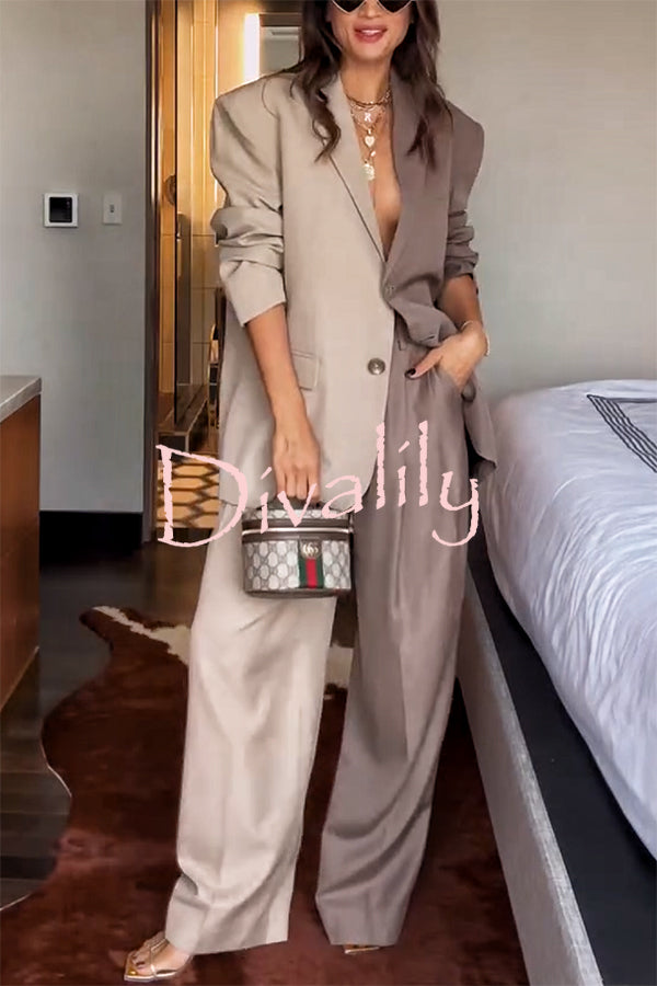 Girl Boss Avant-garde Contrast Colors Lapel Boyfriend Blazer and Pocketed Wide Leg Pants Set