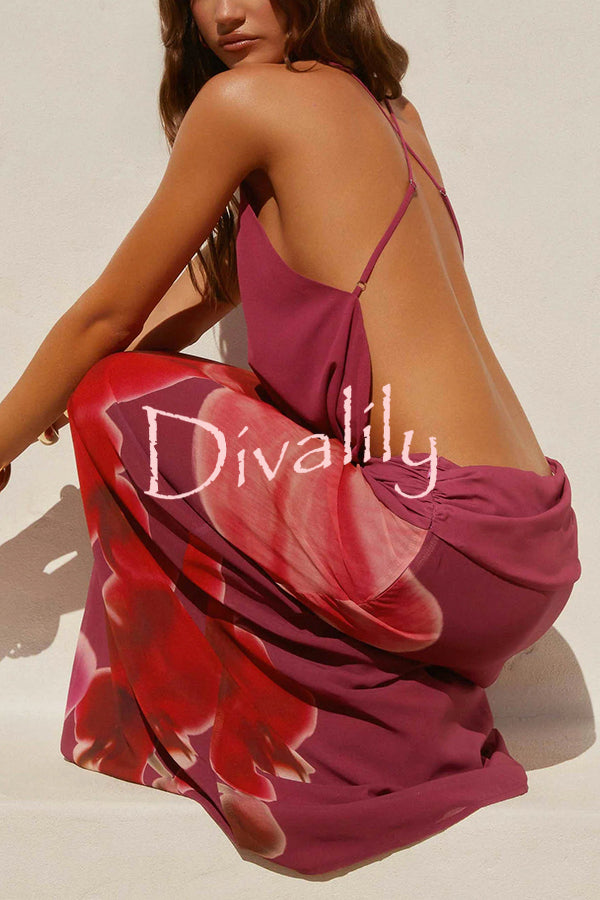 Sexy Deep V Backless Draped Camisole Top and Floral Print Chiffon Maxi Skirt Set