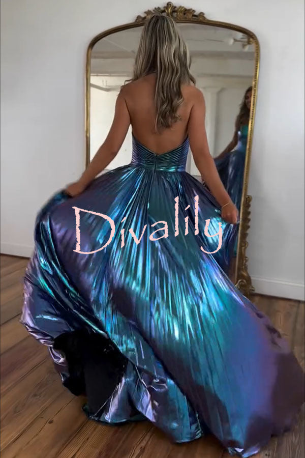 Prom Metallic Fabric Pleated Cros Halter Cutout Waist Slit Maxi Dress