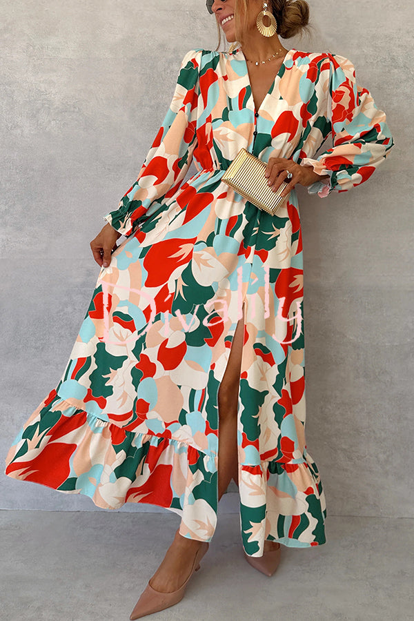 Colorful Printed V-neck Waist High Slit Ruffled Maxi Dress