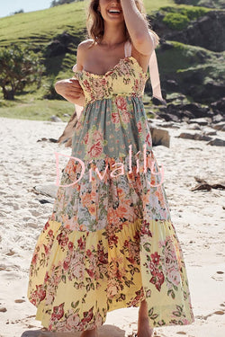 Floral Print Strappy Pleated Paneled Maxi Dress