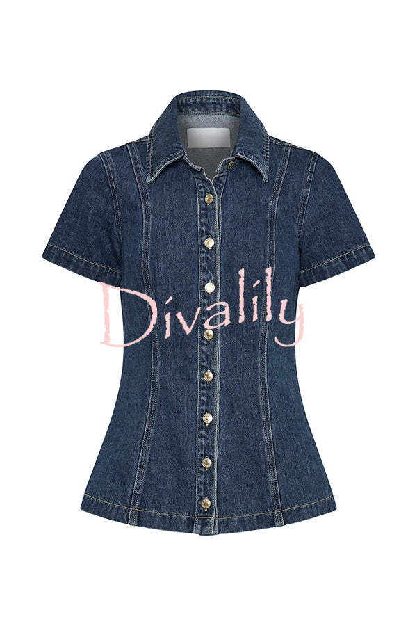 Modern Flavor Denim Short Sleeve Button Up Princess Seams Stretch Top