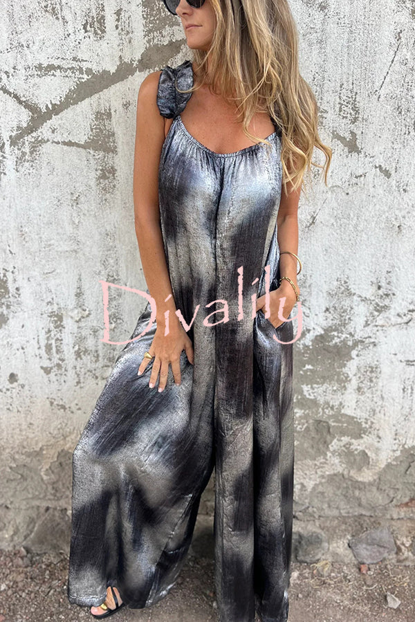 Fashionable Gold-stamped Suspenders Loose Pocket Wide-leg Jumpsuit