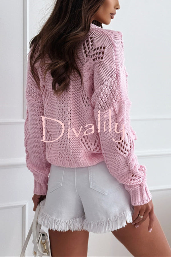 Fashion Hollow Long Sleeve V-neck Button Loose Knitted Cardigan