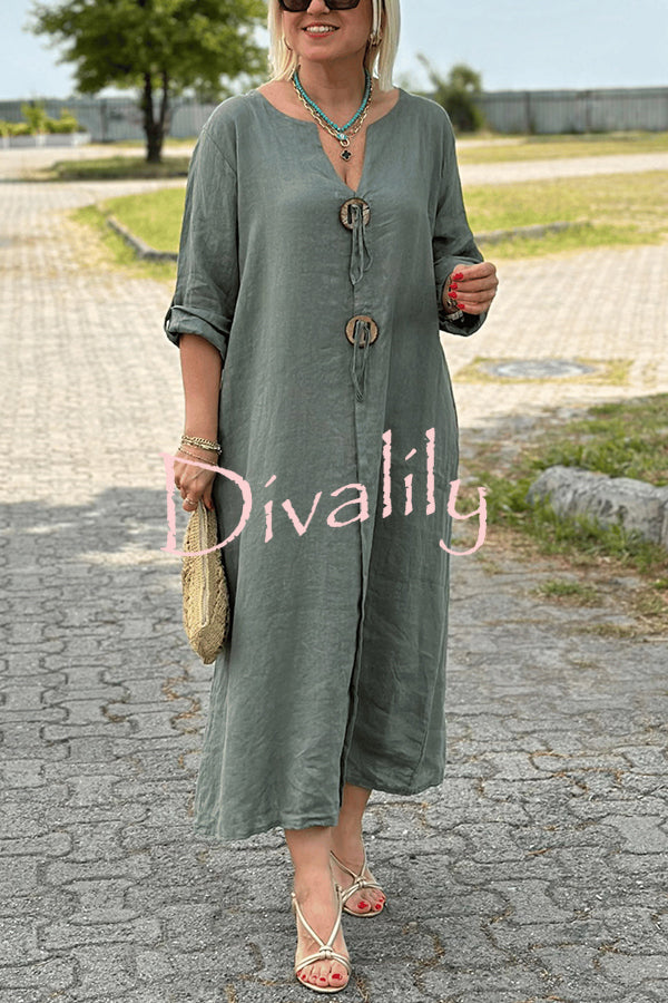 Solid Color Loose V-Neck Button-Decorated Maxi Dress