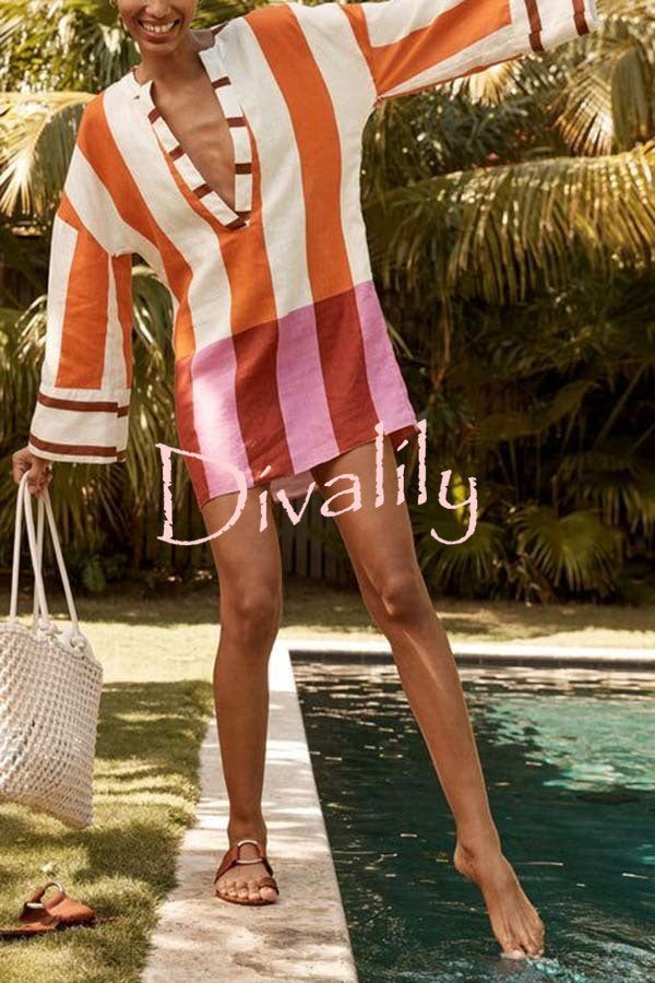 Talah Linen Blend Color Block Print V-neck Long Bell Sleeve Loose Mini Dress
