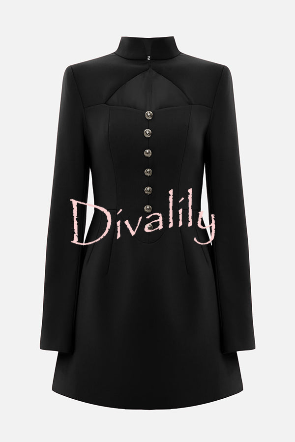 Elegant Long-sleeved Hollowed-out Button-down Slim-fit Mini Dress
