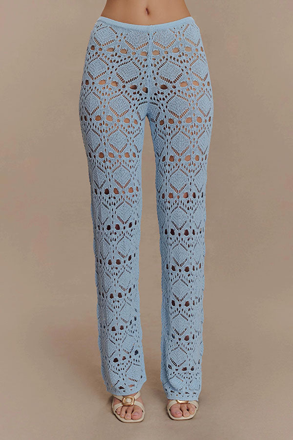 Trena Crochet Knit Hollow Mid Rise Stretch Wide Leg Pants