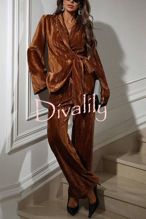 Solid Color Velvet Pleated Long-sleeved Tie Top and Casual Pocket Straight-leg Pants Set