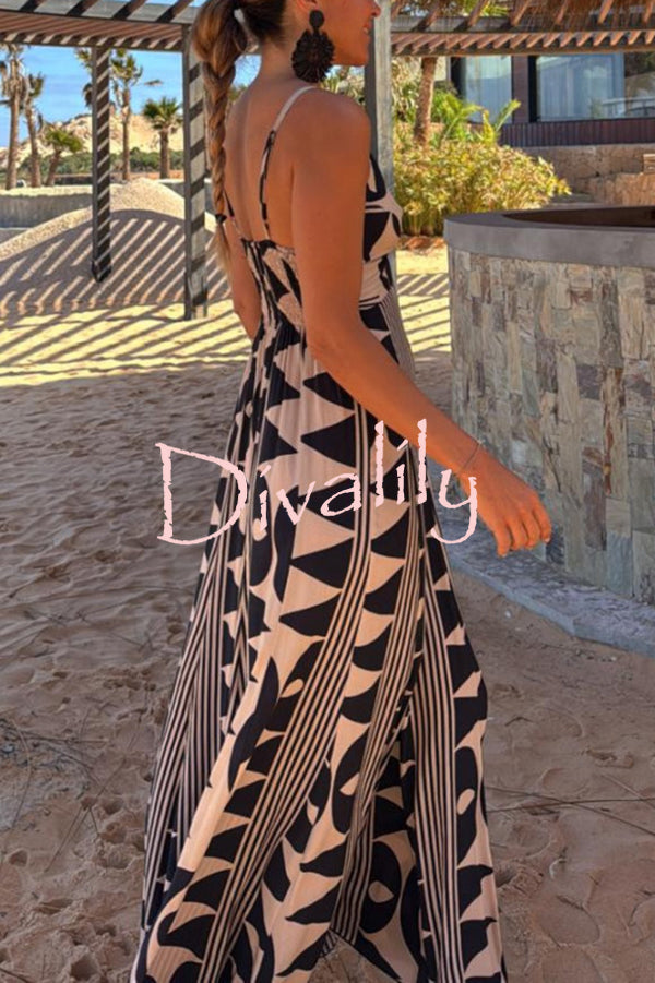 Sabine Geometric Print V-Neck Back Smocked A-line Maxi Dress