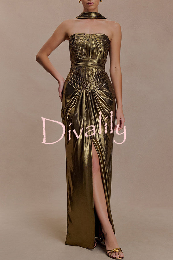 Clemence Plisse Metallic Fabric Reverse Halter Beck Strap Drape Slit Maxi Dress