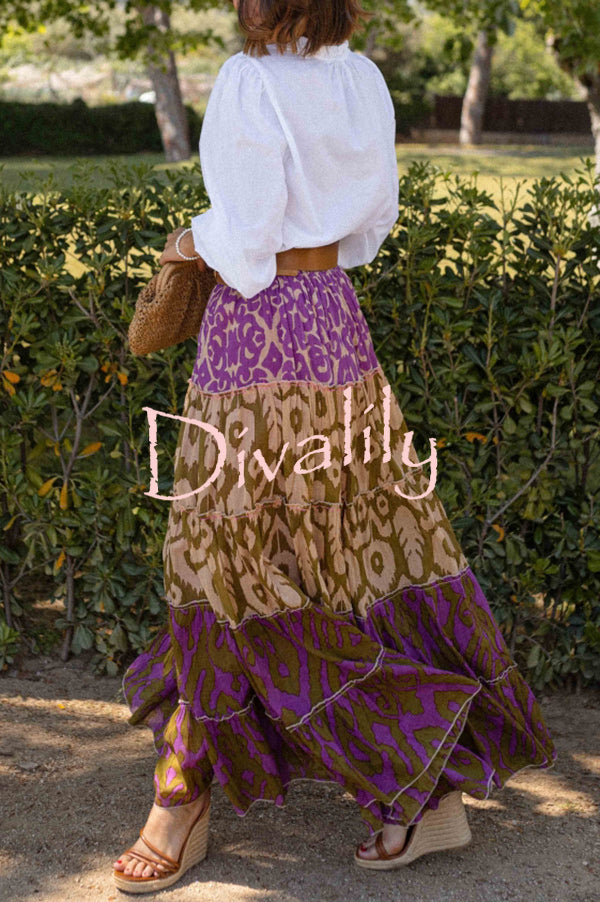 Resort Style Unique Print Elastic Waist Loose Stitching Maxi Skirt