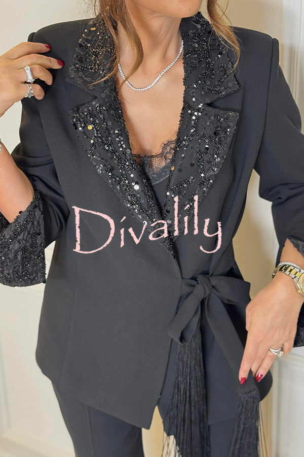 Social Time Embroidered Sequin Patchwork Tassel Belt Detail Lapel Party Blazer