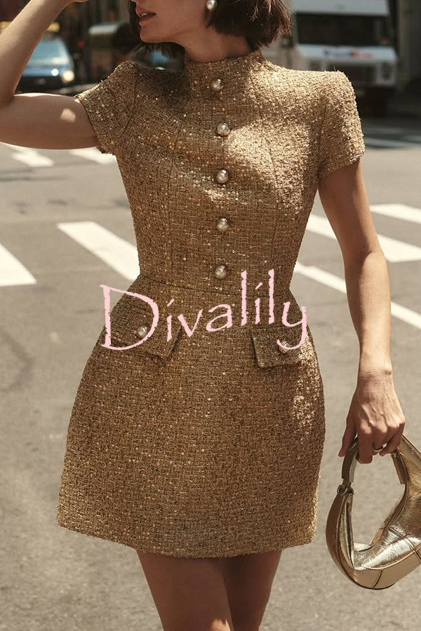Gold Standard Tweed Fabric Pearl Button Short Sleeve Pocketed Mini Dress