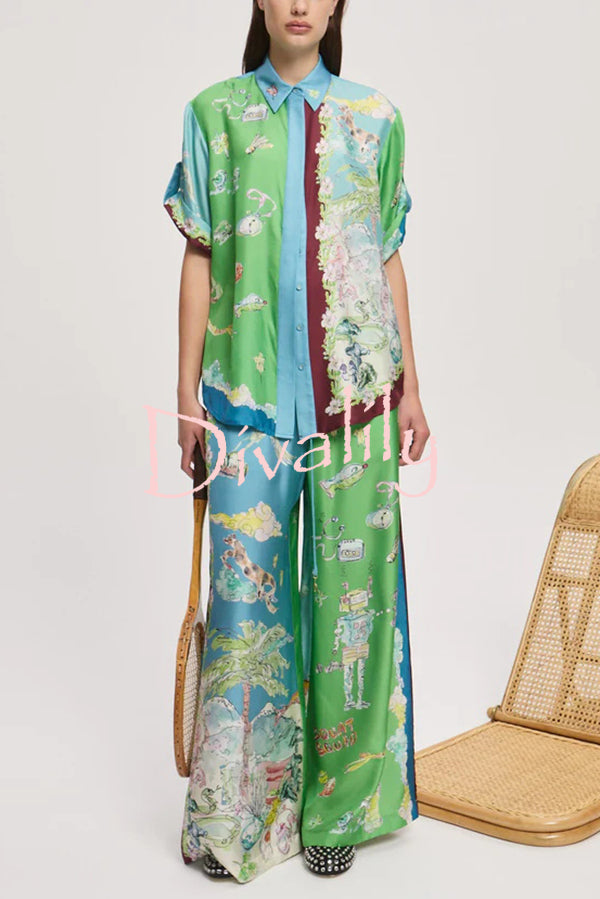 Unique Printed Lapel Short-sleeved Loose Shirt and Elastic Waist Tie Wide-leg Pants Set