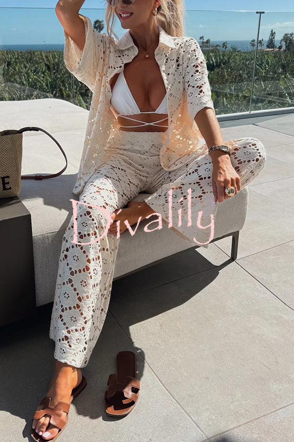Holiday Crochet Flowers Lace Short Sleeve Shirt and Elastic Waist Wide Leg Pants Set
