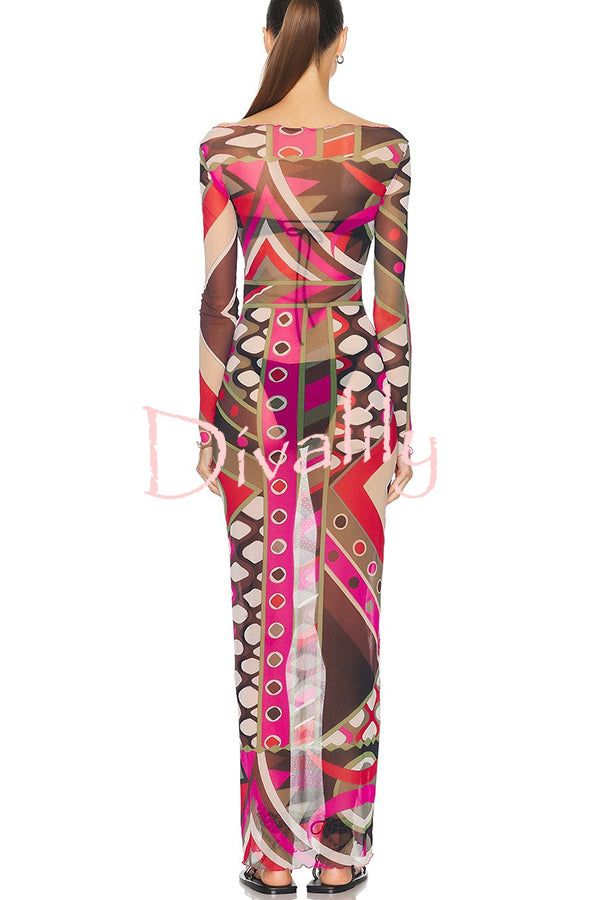 Gypsy Girl Mesh Unique Print Wide Neck Long Sleeve Stretch Maxi Dress