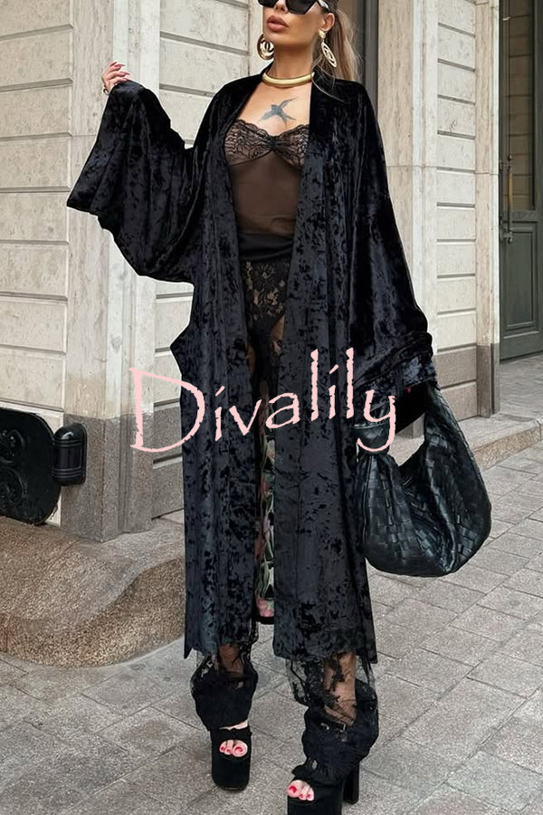 Gorgeous Glossy Velvet Long Bell Sleeve Tie-up Pocket Midi Kimono Coat