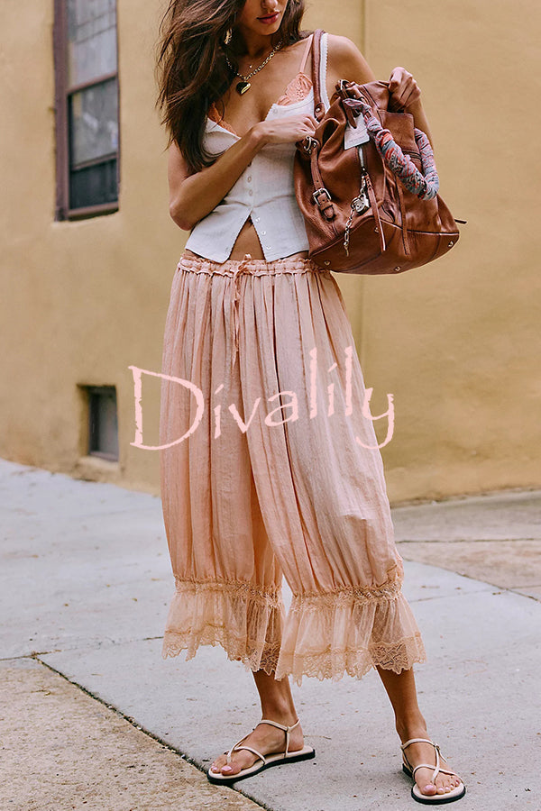 Pastoral Style Elastic Waist Lace Hem Bloomer Pants