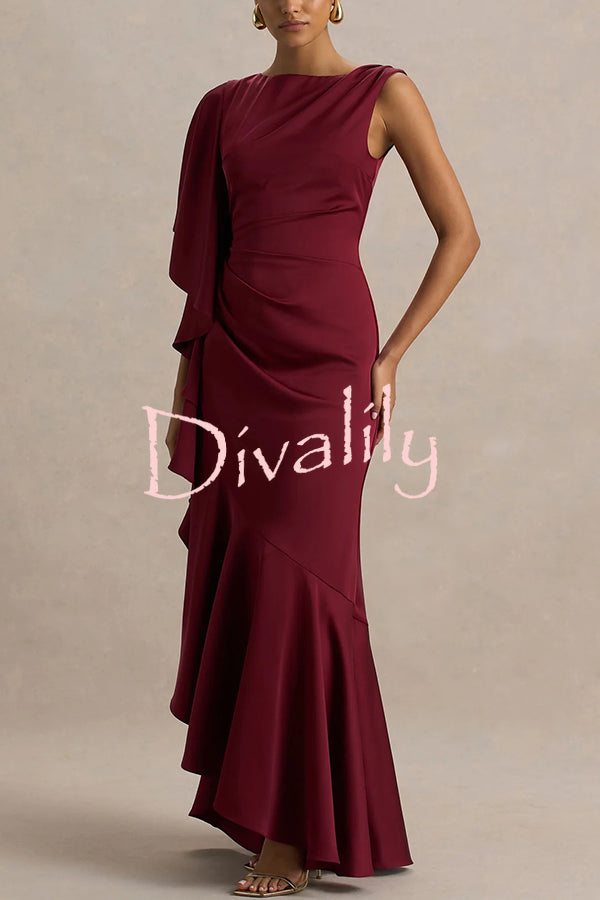 Freya Satin Boat Neck Waterfall Frill Sleeve Drape Maxi Dress