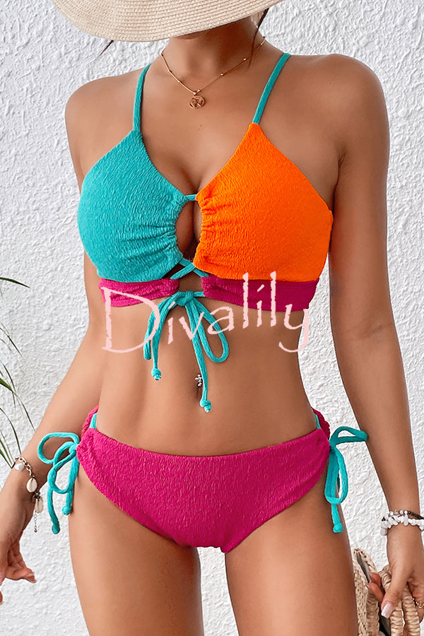 Fashion Contrast Color Sexy Cross Strap Stretch Two Piece Bikini Swimsuit